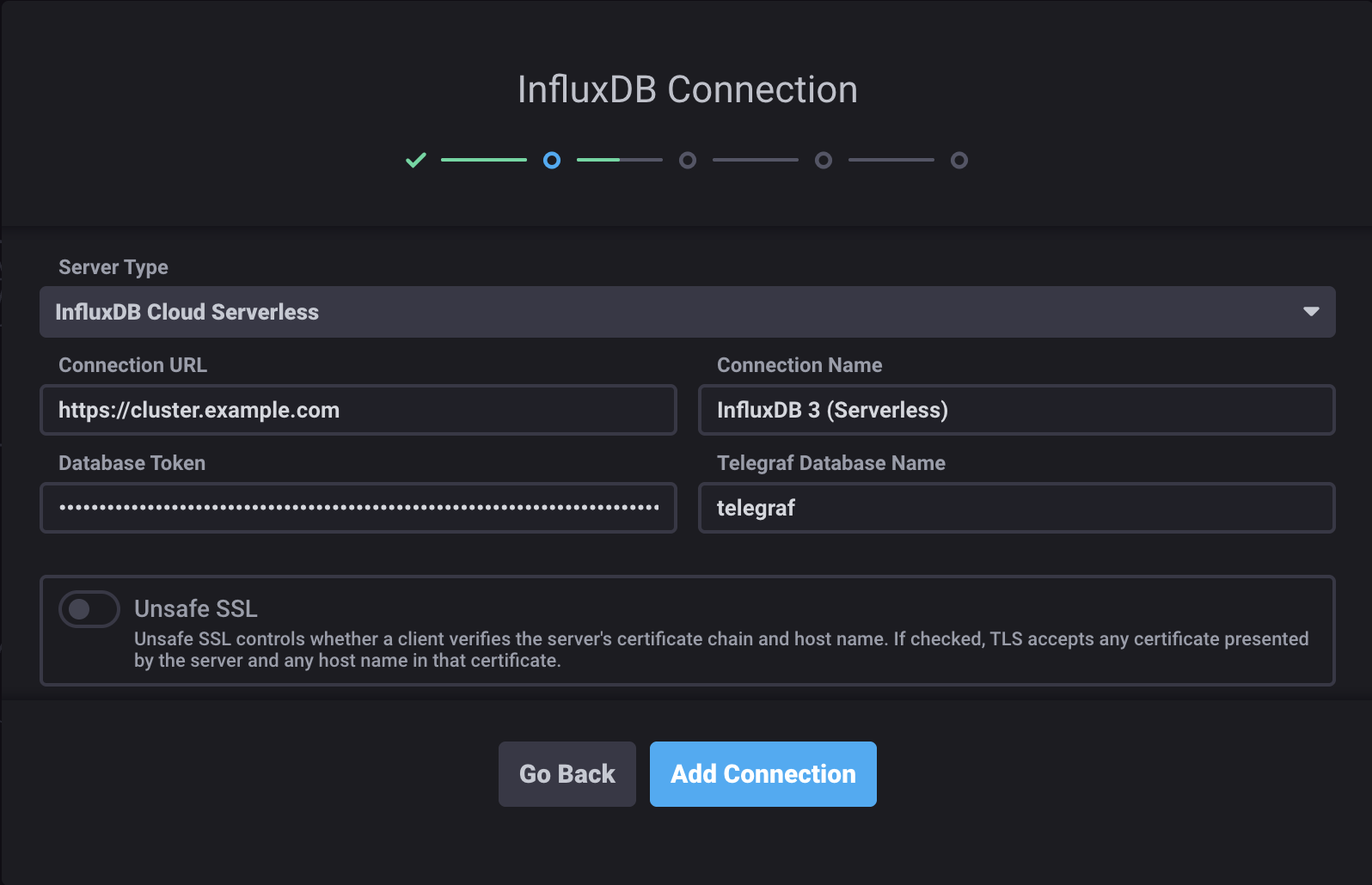 Chronograf InfluxDB Cloud Serverless connection configuration