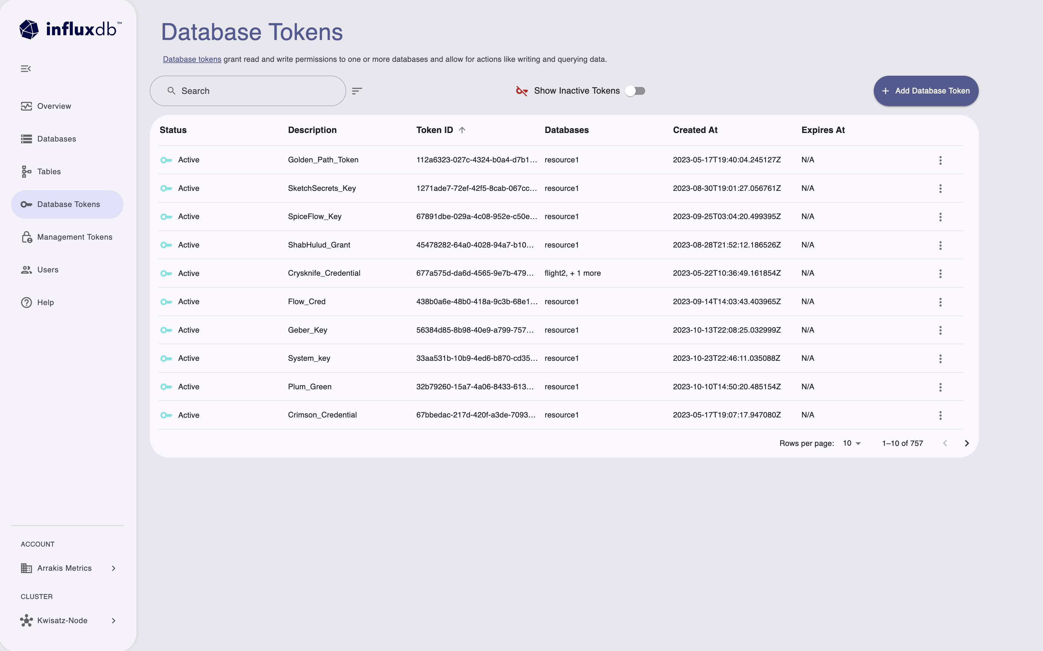 InfluxDB Cloud Dedicated Admin UI database tokens