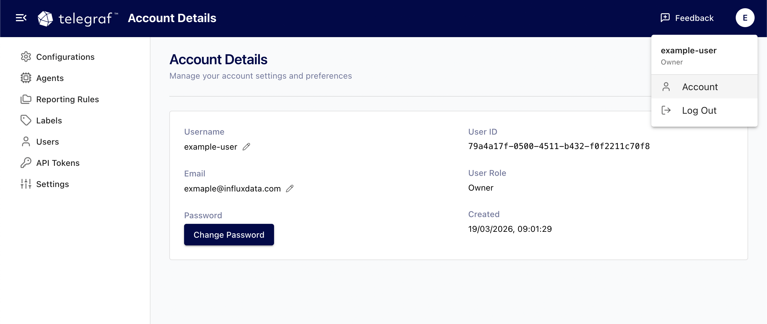 Telegraf Controller account page