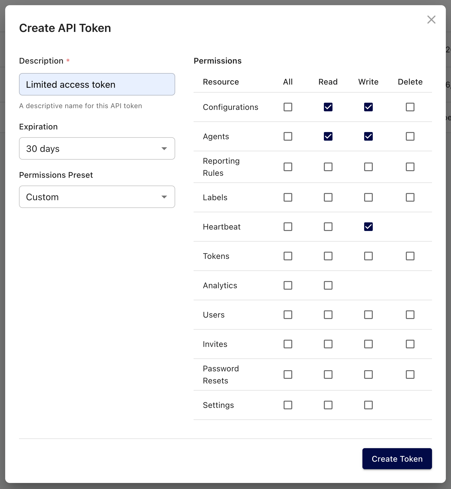 Telegraf Controller create token form