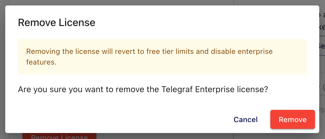 Confirm that you want to remove your Telegraf Enterprise license