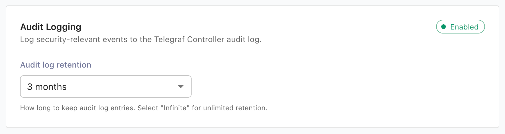Telegraf Controller audit log retention dropdown