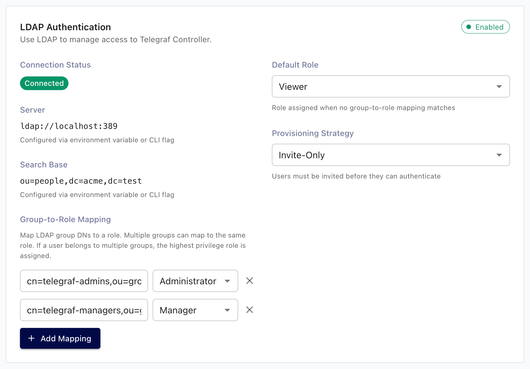 Telegraf Controller LDAP authentication settings