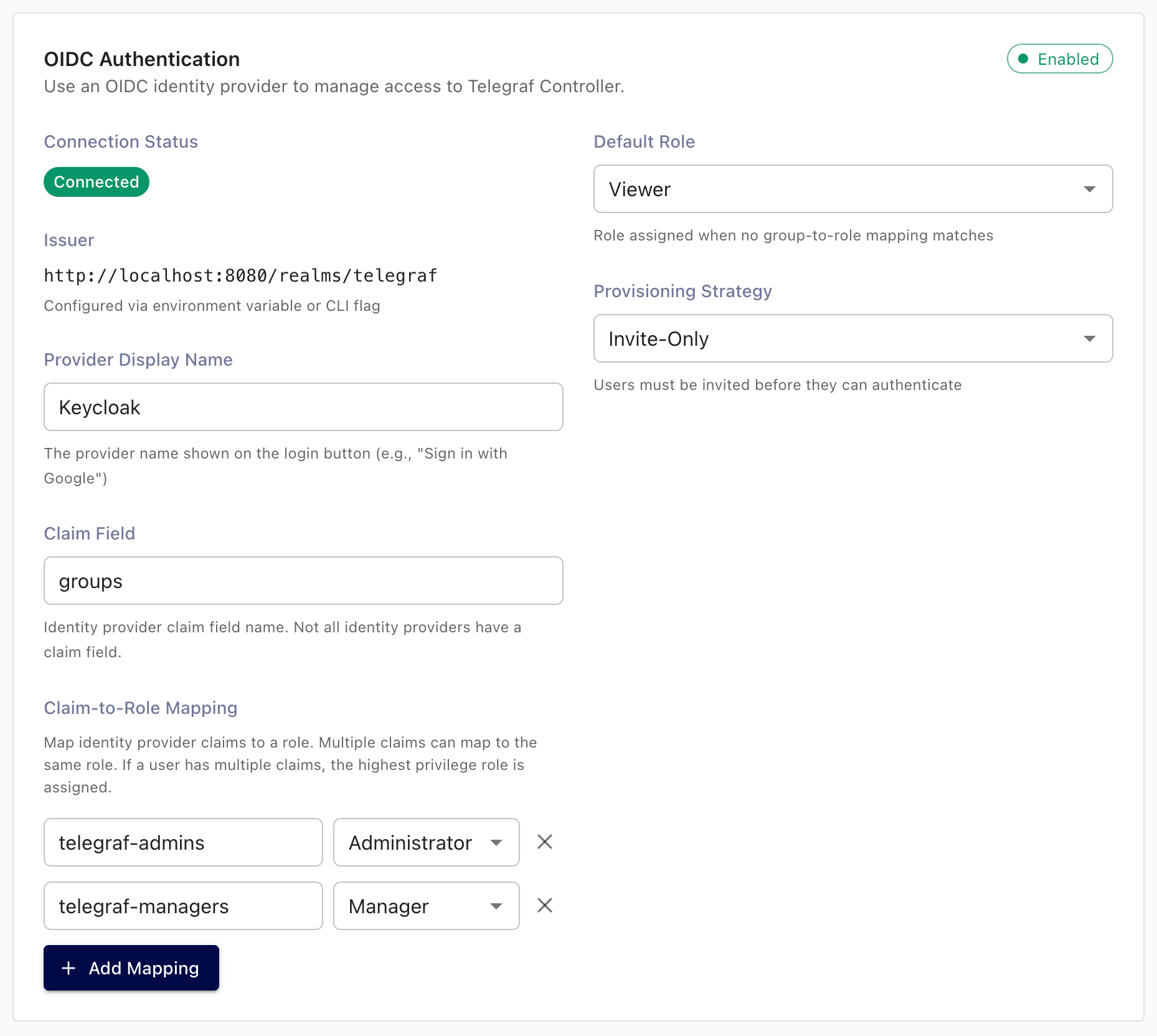 Telegraf Controller OIDC authentication settings